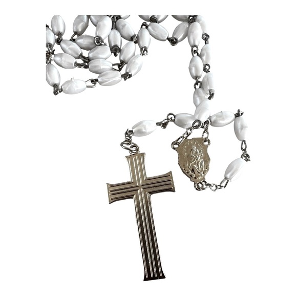 White Beaded Rosary with Silver Cross - Picture 2 of 4